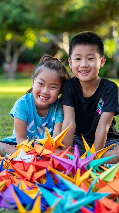 Two smiling children behind a pile of colourful origami cranes